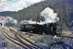 99 6102 verlässt P 69725 nach Harzgerode den Bahnhof Alexisbad. (04.04.1977) <i>Foto: Joachim Bügel</i>