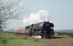 In voller Fahrt rauscht 01 1512 mit D 371 "Pannonia-Express" am Fotografen bei Großenhain vorbei. (12.04.1977) <i>Foto: Joachim Bügel</i>