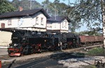 Die damals noch ölgefeuerten 99 0239 und 99 0231 sind mit einem Rollwagen-Güterzug im Bahnhof Hasselfelde eingetroffen.  (08.09.1980) <i>Foto: Wolfgang Bügel</i>