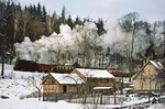 99 6001 dampft mit P 14456 nach Harzgerode am alten Forsthaus bei Drahtzug zwischen Mägdesprung und Alexisbad vorbei. In dem Haus hatte bis 1993 der Revierförster sein Domizil. Heute befindet sich dort das "Scheunen-Cafe". (19.02.1978) <i>Foto: Wolfgang Bügel</i>