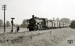 38 4045 noch mit alten Länderbahnabteilwagen bei Mosigkau auf dem Weg Richtung Köthen. Als 38 4045-1 wurde sie am 29.10.1970 beim Bw Brandenburg ausgemustert.  (05.1968) <i>Foto: Hans-Joachim Simon (Archiv Ludger Kenning)</i>