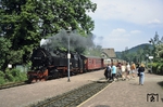 99 7244 fährt in den Bahnhof Hasserode ein. Die Feriengäste warten schon. (30.05.1992) <i>Foto: Robin Fell</i>