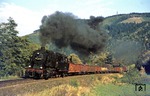 Vorbei am "Haus Sommerfrische", deren Gastlichkeit schon Carl Bellingrodt 1935 zu schätzen wusste, fährt 95 0010 in den Bahnhof Hockeroda ein. (12.10.1977) <i>Foto: Wolfgang Bügel</i>