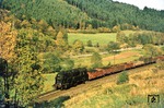 Durch das farbenfrohe herbstliche Loquitztal bei Unterloquitz fährt 95 0010 mit Ng 66483 Richtung Probstzella. (12.10.1977) <i>Foto: Wolfgang Bügel</i>