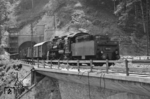 58 439 vom Bw Dresden-Altstadt rollt mit einem Güterzug aus dem 122 m langen Edle Krone Tunnel zwischen Klingenberg-Colmnitz und Tharandt. Die Elektrifizierungsarbeiten sind im vollen Gange, der Abschnitt Freiberg - Dresden ging am 25. September 1966 in Betrieb. (22.06.1966) <i>Foto: Will A. Reed</i>