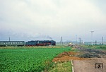 Durch die typische Landschaft der Magdeburger Börde rauscht 01 2114 mit P 8433 an der Holtemme zwischen Halberstadt und Groß Quenstedt vorbei. Nicht zu verachten ist auch der Zustand der Straße, dessen Standard nach der Wiedervereinigung auch ein Exportschlager im Westen wurde. (09.10.1978) <i>Foto: Wolfgang Bügel</i>