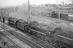 44 126 + 44 611 mit Versuchswindleitblechen im Bahnhof Dresden-Altstadt. Im Hintergrund rangiert eine 23.10 den Doppelstockhalbzug "Express Junger Sozialisten". (16.07.1964) <i>Foto: A.E. Durrant</i>