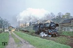 Mit dem P 3517 von Berlin-Schöneweide nach Halle (Saale) Hbf am Haken hat 03 2155 (Bw Lutherstadt Wittenberg) den Bahnhof Flughafen Berlin-Schönefeld verlassen.  (28.04.1979) <i>Foto: Wolfgang Bügel</i>