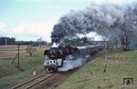 Zwischen Peene und Tollense röhrt 03 0058 mit D 613 durch die mecklenburgische Landschaft südlich von Demmin. (30.04.1979) <i>Foto: Wolfgang Bügel</i>