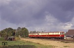 VT 185 254 wurde am 17.06.1935 als VT 137 099 an das Bw Karlsruhe abgeliefert. Das Fahrzeug wurde 1946 zum Salonwagen umgebaut und diente ab 1957 als Dienstwagen des Präsidenten der RBD Greifswald. Hier ist er in der Nachwendezeit als Sonderzug auf der Strecke Jatznick – Ueckermünde bei Eggesin unterwegs. (05.09.1992) <i>Foto: Falk Thomas</i>