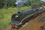 18 201 in Belzig anlässlich des 100-jährigen Jubiläums der Strecke von Berlin nach Blankenheim. Hinter der Lok läuft ein Messwagen der VES(M) Halle. (09.06.1979) <i>Foto: Joachim Bügel</i>