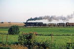 Bei Weißbach (vor Pulsnitz) wurde Dg 50272 mit Zuglok 52 8123 über die parallel führende Landstraße 95 erneut eingeholt. (04.09.1980) <i>Foto: Wolfgang Bügel</i>