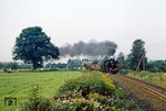 Hinter dem Bahnübergang der Landstraße 95 bei Gelenau kommt 52 8124 mit Ng 60205 angefahren. (04.09.1980) <i>Foto: Wolfgang Bügel</i>
