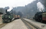 99 5903 trifft im Bahnhof Alexisbad auf den anderen Exot der Selketalbahn 99 6001. (11.03.1977) <i>Foto: Peter Schiffer</i>