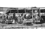 Blick in das (alte) Bw Saalfeld, dessen Schuppen gerade einem Neubau weichen muss. Dort sonnen sich 39 1052 (ex 22 052, ex 39 249), 39 1060 (ex 22 060, ex 39 092) und 93 8304 (ex 93 304).  (14.05.1971) <i>Foto: Rainer Preuß</i>