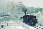 Überraschung im April: Über Nacht bedeckte Schnee die bereits blühende Landschaft bei Schalkau. 95 0027 befördert Dg 44441 in Richtung Sonneberg. (19.04.1981) <i>Foto: Wolfgang Bügel</i>