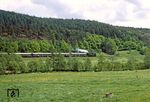 95 0027 wird gleich Rottenbach erreichen. Dort wird der Sonderzug Kopfmachen, um über die Schwarzatalbahn nach Katzhütte zu fahren. (28.05.1981) <i>Foto: Wolfgang Bügel</i>