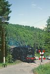 Hinter dem Bahnhof Schwarzburg passiert der Sonderzug einen Bahnübergang mit "Haltlicht mit Warnkreuz". Diese Anlagen der Reichsbahn erhielten nach der Wiedervereinigung nur eine befristete Betriebserlaubnis bis zum 31. Dezember 2010. Sie sollten umgebaut werden, zumindest sollte das Blinklicht aus dem Warnkreuz entfernt werden, da das rot blinkende Licht von Straßenverkehrsteilnehmern mitunter als Warnlicht missverstanden und nicht als Haltsignal angesehen wurde.  (28.05.1981) <i>Foto: Wolfgang Bügel</i>