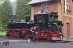 99 590 (Sächsische Maschinenfabrik Chemnitz, Baujahr 1913) wurde 1980 bei der DR ausgemustert. Im Jahre 1992 wurde sie durch die Preßnitztalbahn übernommen und 1994 wieder in Betrieb gesetzt. Heute ist sie als Museumslok auf dem Reststück der Schmalspurbahn Wolkenstein – Jöhstadt unterwegs, hier wird sie im Bahnhof Steinbach gepflegt. (03.10.2015) <i>Foto: Andreas Höfig</i>