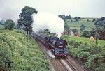 01 0519 mit der Frühverbindung des E 800 von Saalfeld nach Leipzig, der gegen 7.30 Uhr bei Neunhofen aus dem Morgendunst auftauchte. (17.06.1981) <i>Foto: Wolfgang Bügel</i>