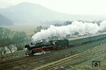 Hinter Kahla (Thür) war der Sonderzug mit 03 1010 wieder eingeholt und dampft durch das diesige Saaletal.  (28.02.1982) <i>Foto: Wolfgang Bügel</i>