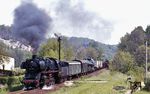 50 1298 mit einem Güterzug nach Nossen an der Blockstelle Götterfelsen nahe Meißen-Triebischtal. (10.05.1983) <i>Foto: Peter Schiffer</i>
