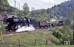 Am Bk. Götterfelsen bei Meißen-Triebischtal ist 50 1298 vom Bw Nossen unterwegs. (13.05.1983) <i>Foto: Peter Schiffer</i>