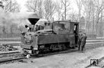 Die von Henschel 1917 gebaute Heeresfeldbahnlok (HFB-Nummer 1547) landete zum Ende des 1. Weltkriegs zunächst in einem Demobilisierungslager. 1922 erwarb die Gräflich von Arminsche Kleinbahn, heute als Waldeisenbahn Muskau bekannt, die Lok und setzte sie auf ihren Strecken ein. Als 1951 die Waldeisenbahn Muskau von der Deutschen Reichsbahn übernommen wurde, erhielt sie die Betriebsnummer 99 3315. 1977 wurde sie an die Dampf-Kleinbahn Mühlenstroth in Gütersloh verkauft. Dort als Nr. 6  "Richard Roosen" in den Fahrzeugpark eingereiht, fuhr sie bis 2003 regelmäßig vor den Museumszügen. Im Sommer 2008 wurde die Lok reaktiviert und kam anlässlich des 35-jährigen Vereinsbestehens letztmalig zum Einsatz. (29.03.1973) <i>Foto: Johannes Glöckner</i>