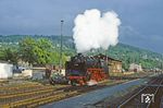 In Meiningen zeigte sich tatsächlich auch kurz die Sonne, als 62 015 vor drohender Gewitterkulisse ins Bw einrückte. (13.06.1982) <i>Foto: Wolfgang Bügel</i>