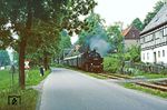 An der Annaberger Straße in Crottendorf wird die Vorbeifahrt des P 19642 abgewartet, bevor die Einkäufe aus der heute noch zu empfehlenden Bäckerei & Konditorei Roscher nach Hause gebracht werden. (18.06.1982) <i>Foto: Wolfgang Bügel</i>