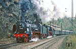 Der Sonderzug P 23506 der durch das Reisebüro der DDR organisierten Fahrt mit 38 1182 und 62 015 bei einer Scheinausfahrt im Bahnhof Bahnhof Edle Krone. (27.09.1982) <i>Foto: Wolfgang Bügel</i>