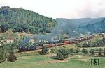 50 3657 (Bw Nossen) kachelt mit Ng 62348 durch das Triebischtal am Bk. Götterfelsen nahe Meißen. (28.09.1982) <i>Foto: Wolfgang Bügel</i>