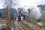 99 1606 mit einem Güterzug zum VEB Deutsche Kühl- und Kraftmaschinen (dkk) in Niederschmiedeberg kurz hinter Wolkenstein. Am Jahresende 1982 war der Niedergang der Preßnitztalbahn nicht nur wegen des fehlenden Lokschildes offenkundig, auch der Güterverkehr zwischen Steinbach und Jöhstadt war wegen des schlechten Streckenzustands bereits eingestellt.  (30.12.1982) <i>Foto: Volker Fröhmer</i>
