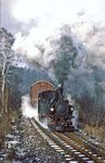 99 1606 (bereits ihrer Lokschilder beraubt) mit Ng 67921 auf dem Dreischienengleis hinter Wolkenstein. (30.12.1982) <i>Foto: Volker Fröhmer</i>