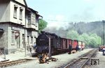 Soeben ist die 1’C1’-Lok 99 6001 mit einem Personenzug aus Gernrode in Alexisbad eingetroffen, nach dem Wasserfassen geht es weiter nach Harzgerode.  (06.1979) <i>Foto: Robin Fell</i>