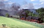 Anlässlich des 75-jährigen Jubiläums der Westerwaldbahn war dieser Sonderzug mit 38 1772 und 24 009 zwischen Scheuerfeld und Bindweide unterwegs. (22.05.1988) <i>Foto: Peter Schiffer</i>