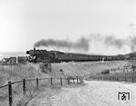In der weitgespannten Kurve hinter Bebra ist 41 256 (Bw Eisenach) mit D 1099 nach Leipzig am Abzweig Weiterode unterwegs. Auch nach sichtbaren 12 Wagen kommt die Schiebelok, eine Bebraer 44er, noch nicht ins Bild. Sehr beliebt schien die 41er (hier mit Nachbaukessel) nicht gewesen zu sein, sie wurde während ihrer 36-jähriger Einsatzzeit von 1939 bis 1975 insgesamt 19mal umstationiert. (18.07.1964) <i>Foto: Joachim Claus</i>