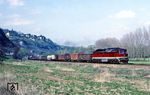 DR 132 050 mit Dg 50629 unterhalb der Dornburger Schlösser im Saaletal zwischen Dornburg und Porstendorf. Die 1998 ausgemusterte Lok wurde 2006 nach Polen verkauft. (20.04.1983) <i>Foto: Wolfgang Bügel</i>