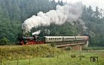 38 1182 mit einem Sonderzug im Elstertal hinter dem Lochguttunnel bei Berga. (29.08.1983) <i>Foto: Wolfgang Bügel</i>