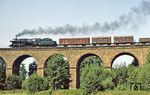 50 3563 überquert mit Ng 62335 das 155 m lange Viadukt bei Crossen zwischen Schweikershain und Mittweida. Die Brücke wurde 1991 verfüllt. (30.08.1983) <i>Foto: Wolfgang Bügel</i>