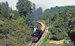 50 3658 fährt mit dem Ganzzug Gag 56353 aus der Sandgrube Colditz nach Wechselburg ein. Zu besseren Erkennbarkeit steht das Einfahrsignal ausnahmsweise links vom Gleis. (30.08.1983) <i>Foto: Wolfgang Bügel</i>