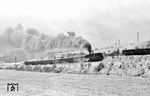 95 0030 mit E 802 (Sonneberg - Leipzig) kurz vor Schmiedefeld. In Saalfeld wurde damals der Zug noch von Dampf (BR 95) auf Dampf (BR 01.5) umgespannt. (07.04.1977) <i>Foto: Joachim Bügel</i>