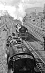 01 0525 macht sich im Bahnhof Saalfeld auf den Weg, um den E 802 zu übernehmen und begegnet dabei einer 95er. (07.04.1977) <i>Foto: Joachim Bügel</i>