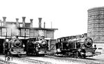 Für ein Gruppenfoto haben sich 99 442 (Nachbau T 39), 99 420 (T 38) und 99 435 (T 39) im Lokbf Karf versammelt. Der Lokbahnhof war Heimat-Dienststelle für alle Loks des oberschlesischen Schmalspurnetzes, er nahm die Aufgaben eines Bahnbetriebswerkes (Betrieb und Unterhaltung) wahr. Mit den zugeteilten Lokstationen Gleiwitz und Poremba unterstand er dem Schmalspurbahnamt Beuthen (Oberschles). (1933) <i>Foto: DLA Darmstadt (Maey)</i>