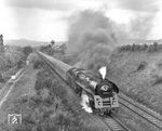 Mit 12 Wagen war der D 199 an diesem Tag gut ausgelastet. 01 0526 nimmt in der Ausfahrt von Bebra Schwung für die anstehende Rampe nach Hönebach. (21.05.1970) <i>Foto: Joachim Claus</i>