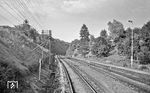 Gleisanlagen des Bahnhofs Eschenau an der Strecke Heilbronn - Crailsheim in Blickrichtung Öhringen. Freileitung, Formsignale und höhengleiche Bahnsteige sind längst Geschichte. (16.06.1968) <i>Foto: Burkhard Wollny</i>