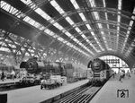 In der imposanten Halle des Leipziger Hauptbahnhofs treffen sich 01 0522 vom Bw Saalfeld und 03 2121 des Bw Leipzig Hbf West. Vielleicht kann ein Sachkundiger die Züge identifizieren, die um 16.45 Uhr hier eingetroffen sind.  (01.09.1975) <i>Foto: Joachim Claus</i>