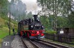 99 1542 erreicht mit ihrem Sonderzug den Bahnhof Jöhstadt. Die Lok wurde am 22.11.1991 direkt aus dem Schadlokbestand der DR an die IG Preßnitztalbahn verkauft. Seit 1993 war die 1899 gebaute Lok wieder betriebsbereit. (27.08.2017) <i>Foto: Andreas Höfig</i>