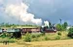 In Schmiedefeld machte der Lrz 24538 aus Sonneberg Kopf und wartete die Ankunft/Überholung des Sonderzuges P 24535 aus Saalfeld mit 95 1027 ab. Der Fotograf verzichtete auf das Chaos am Bahnhof und begab sich stattdessen wieder zum Piesauviadukt nach Lichte, wo die 95 1027 abgepasst werden sollte (vgl. Bild-Nr. 47765). (06.09.1985) <i>Foto: Wolfgang Bügel</i>
