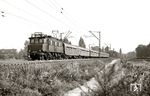 204 006 mit P 8216 (Leipzig – Dessau) kurz vor Delitzsch. An zweiter Stelle läuft der Y/B-70-Baumusterwagen I. Die Reichsbahn hatte den Außenseiter mit der niedrigen Dachform nach der Erprobung angekauft. Nach der Umlackierung gemäß DR-Farbschema erhielt der Reisezugwagen die Nr. 51 50 20-40 213. Später diente er als Meßwagen.  (17.09.1975) <i>Foto: Hans-Joachim Simon (Archiv Ludger Kenning)</i>
